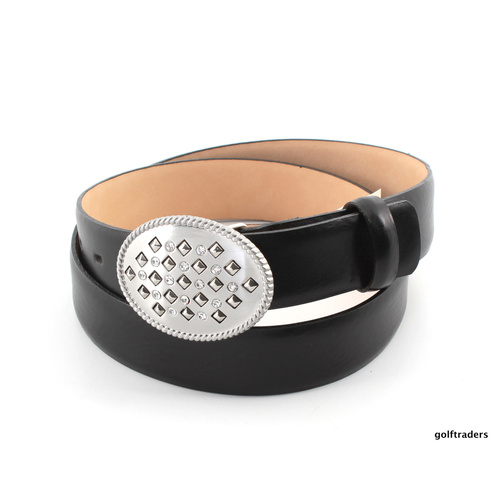 GLENAYR GOLF-GENUINE LEATHER BLACK LADIES BELT OVAL +RHINESTONES BUCKLE #BELT15