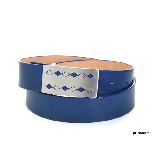 GLENAYR GOLF-GENUINE LEATHER BELT BLUE-FLAT BRUSHED METAL DIAMOND BUCKLE #BELT3