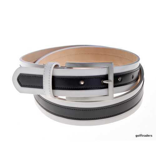GLENAYR GOLF-GENUINE LEATHER BELT-WHITE/BLACK STRIPE-CLASSIC METAL BUCKLE BELT6
