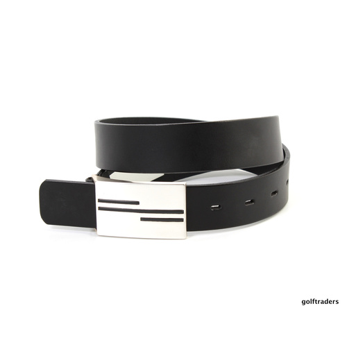 GLENAYR GOLF-GENUINE LEATHER BLACK BELT FLAT BRUSHED METAL 3 LINES BUCKLE BELT9